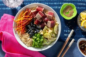 Hawaiian poke bowls with yellowfin tuna, brown rice, and nori
