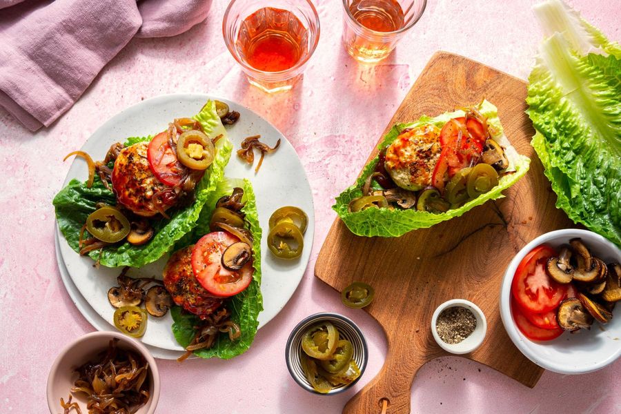 Lettuce-wrapped “sliders” with BBQ glaze and caramelized onions