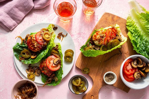 Lettuce-wrapped turkey “sliders” with BBQ glaze and caramelized onions