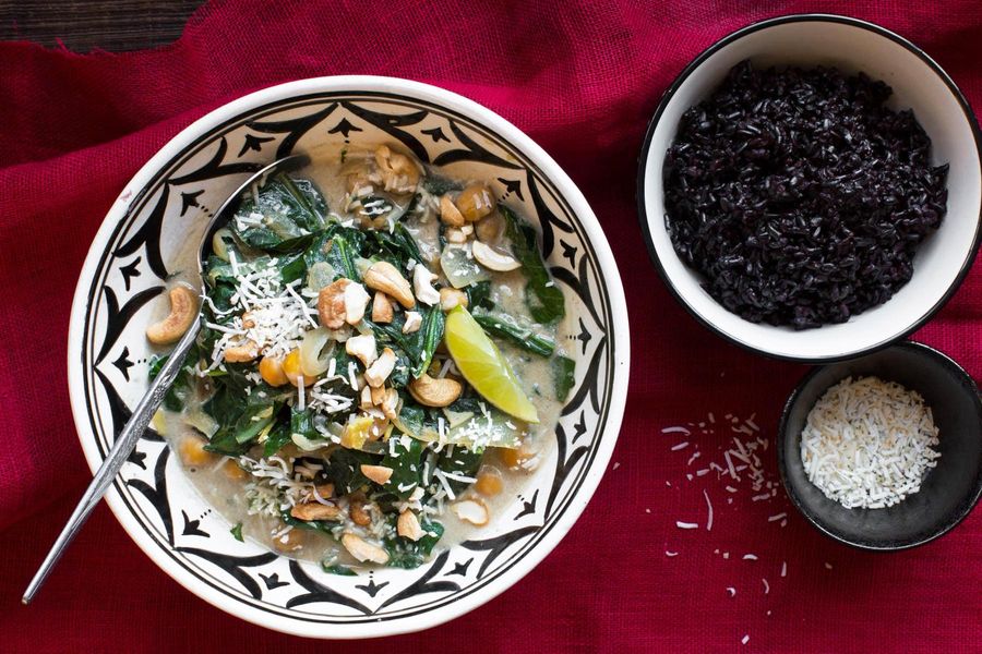 North Indian chickpea curry with collard greens and black rice