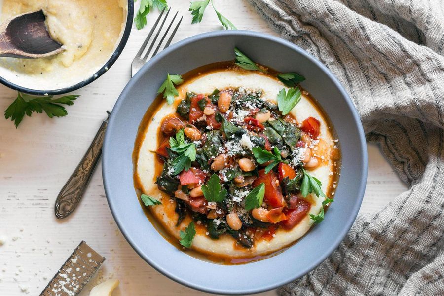 Chard and white bean stew with creamy polenta