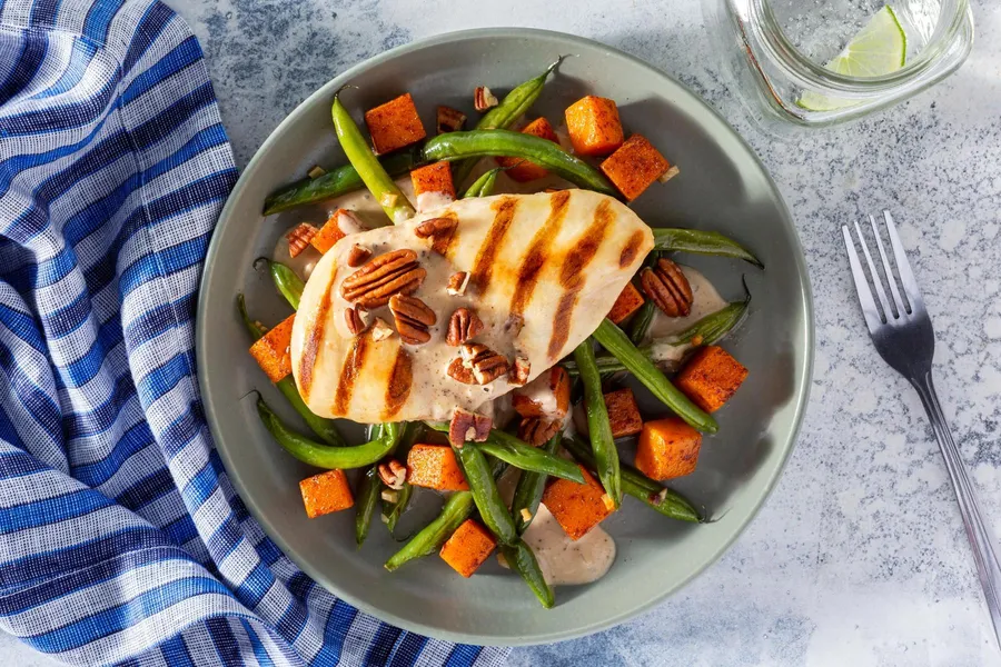 Pecan chicken with roasted butternut squash and green beans