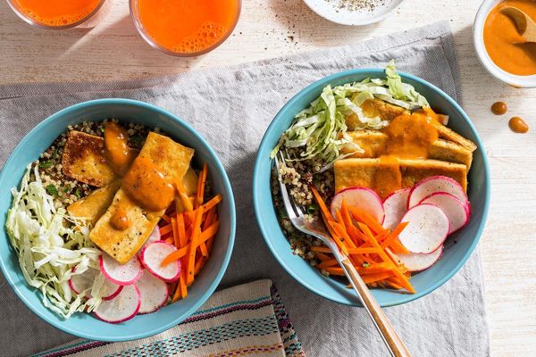 Quinoa and Tofu Bowls with Pickled Vegetables and Cashew-Lime Dressing