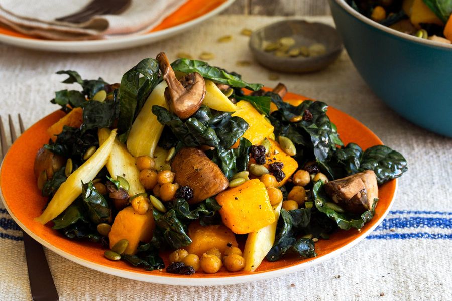 Roasted butternut squash and kale salad with chili-spiced chickpeas