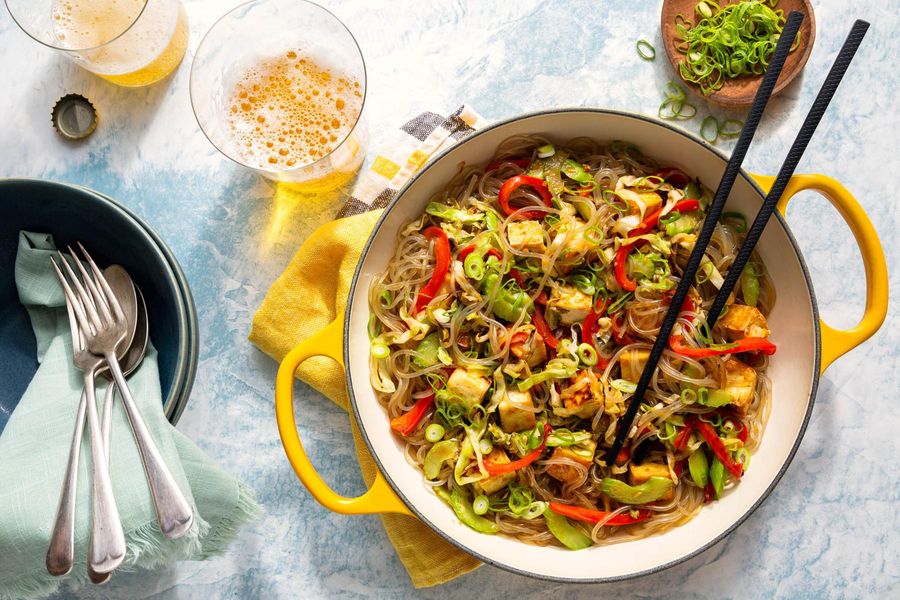 Korean japchae with glass noodles and vegetables