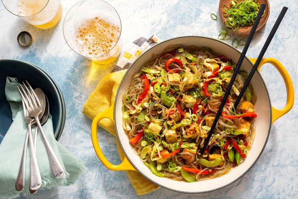 Korean chicken japchae with glass noodles and vegetables