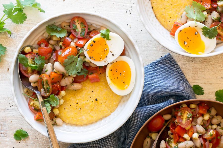 Summer vegetable marinara with polenta and soft-cooked eggs