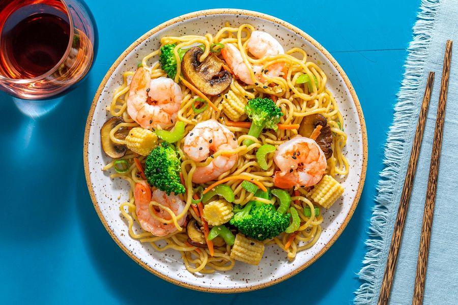 Shrimp chow mein with broccoli, mushrooms, and toasted garlic