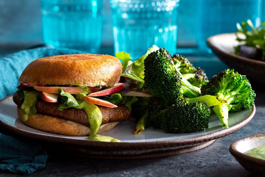 California portobello burgers with tahini goddess dressing