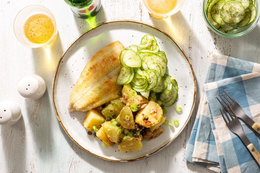 Pan-cooked sole with German potato salad and cucumber salad