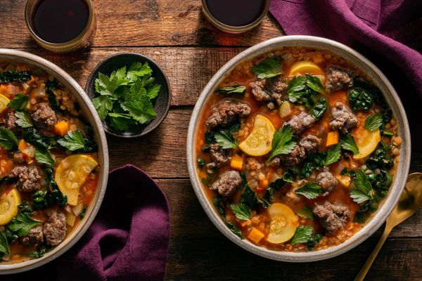 Mediterranean sausage and lentil stew with squash and wilted kale