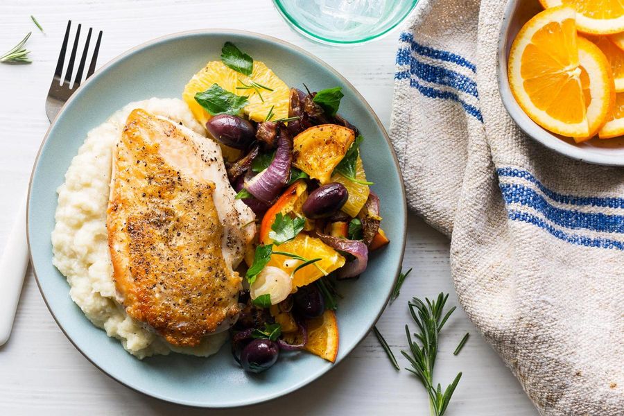Chicken and cauliflower with rosemary-roasted onion and oranges