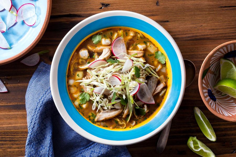 Ancho chicken pozole with hominy