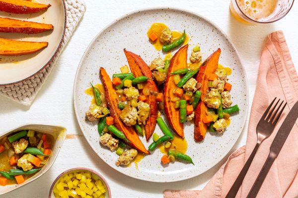 Sweet potato fries with ground beef and green bean gravy