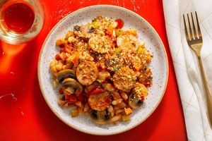 Sausage and white bean cassoulet with mushrooms and herbed panko