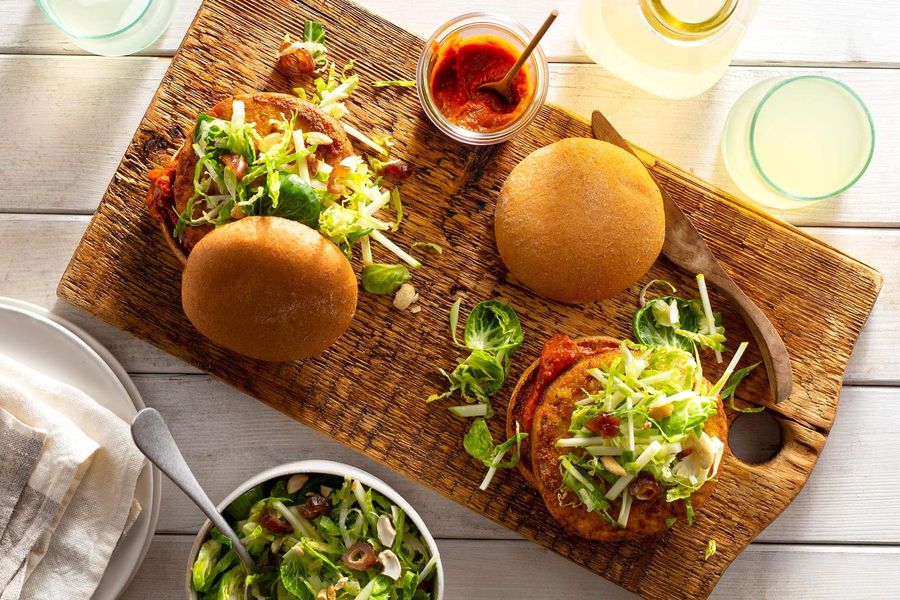 Big Sur tofu burgers with sambal ketchup and Brussels sprout–apple slaw