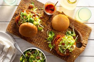 Big Sur tofu burgers with sambal ketchup and Brussels sprout–apple slaw