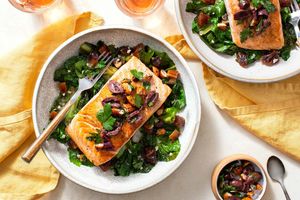 Sicilian salmon with escarole and olive-almond relish