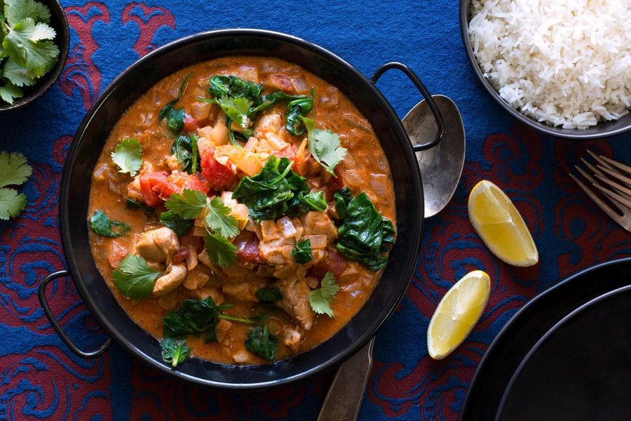 Chicken tikka masala with baby spinach and basmati rice