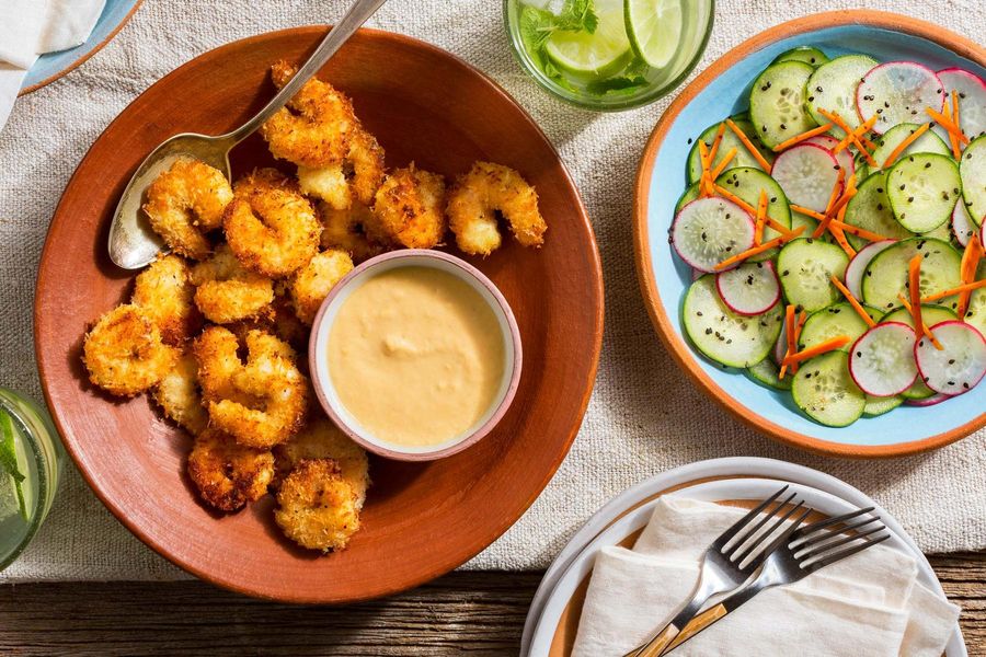 Coconut shrimp with cucumber salad and spicy pineapple-ginger mayo