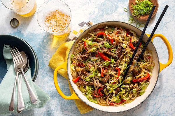 Korean chicken japchae with glass noodles and vegetables
