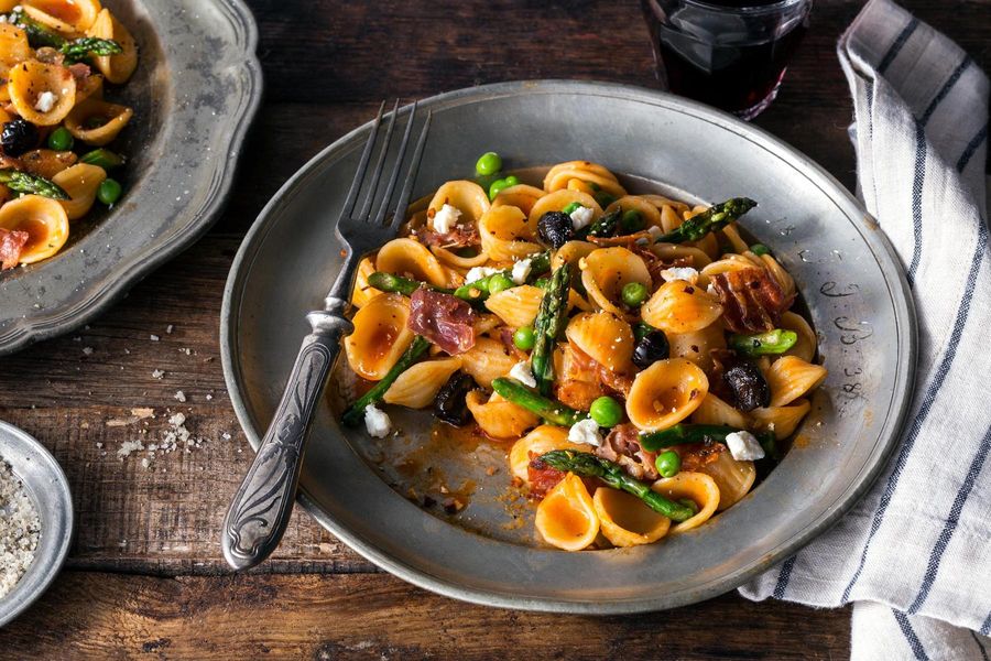 Orecchiette with asparagus, crisp prosciutto, and ricotta salata