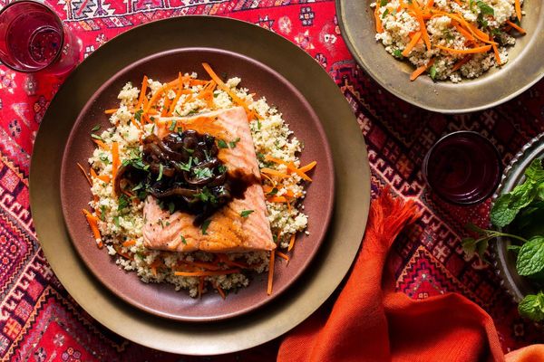 Persian tamarind salmon with caramelized onions and minted couscous