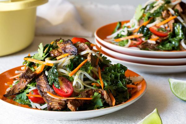 Beef and rice noodle salad with arugula pesto