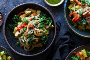 Gluten-free rigatoni with chicken, kale, and pesto