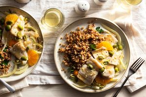 Sole and farro with fennel, oranges, and olives