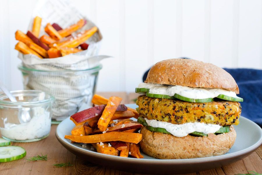 Quinoa and white-bean burgers with roasted sweet potato fries