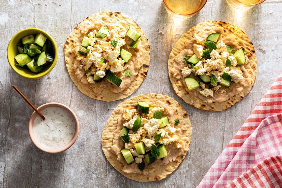Flatbread “tacos” with white bean mash and cucumber-mint relish