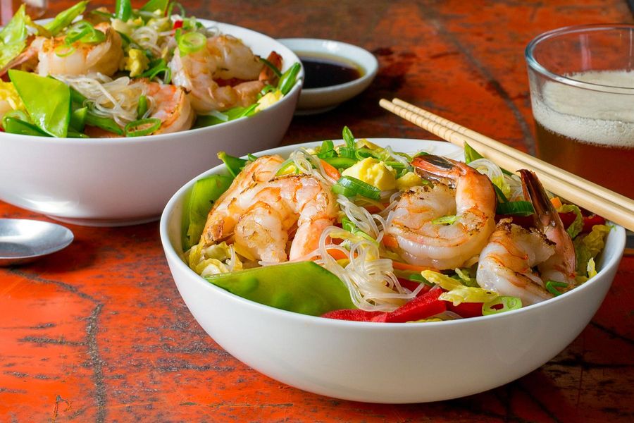 Singapore stir-fried glass noodles with shrimp and snow peas