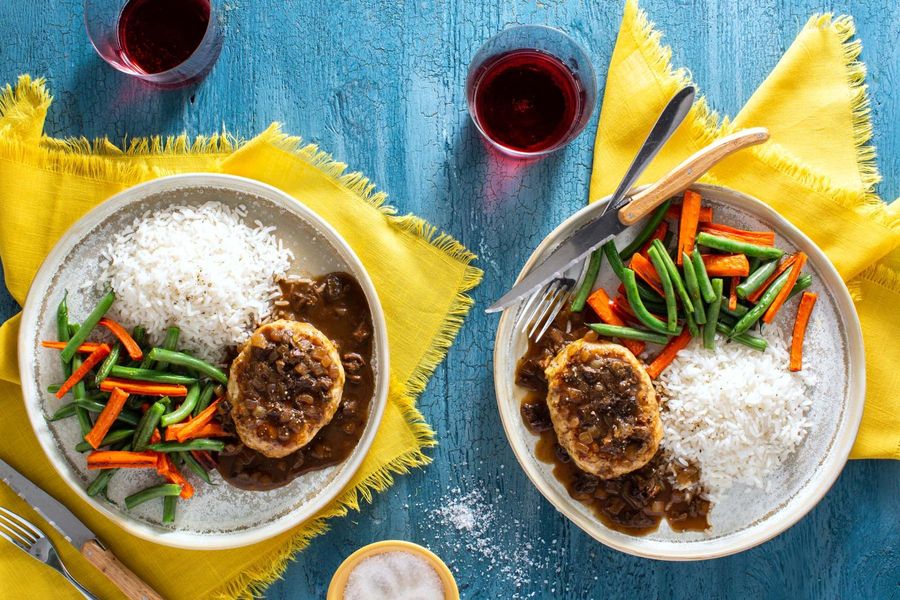 Salisbury-style patties with porcini gravy and roasted vegetables