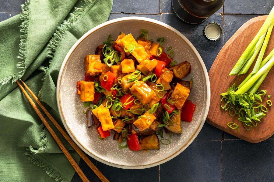 Five-spice stir-fry with eggplant and cashew-plum sauce