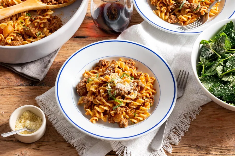 Fusilli with Italian beef ragù and kale Caesar salad