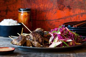 Korean beef skewers with apple-cabbage slaw