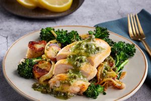Chicken breasts with salsa verde–seasoned potatoes and fennel
