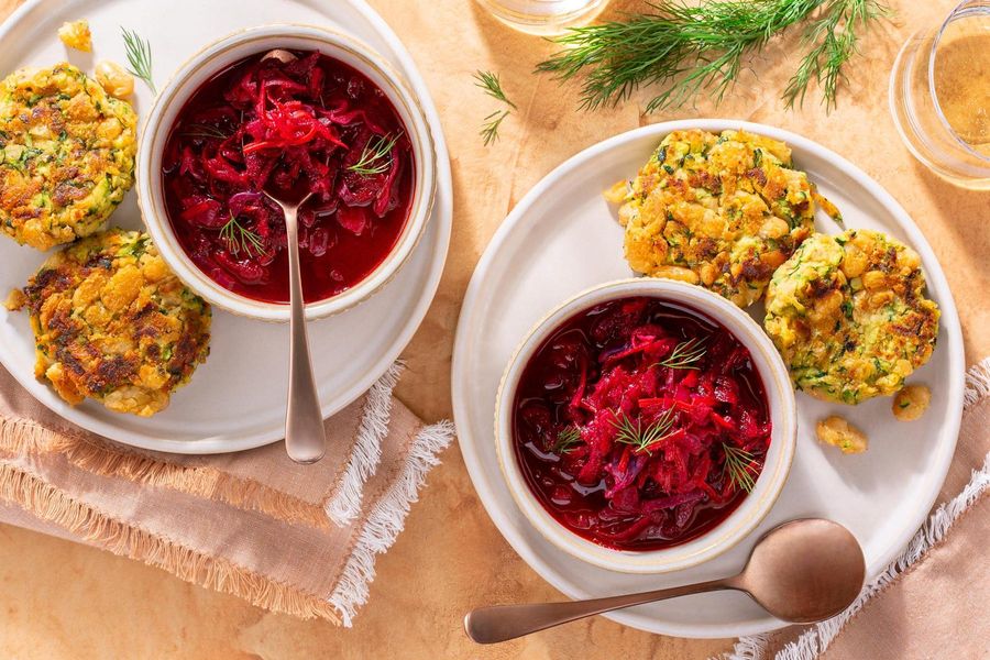 Beet borscht with zucchini and white bean fritters