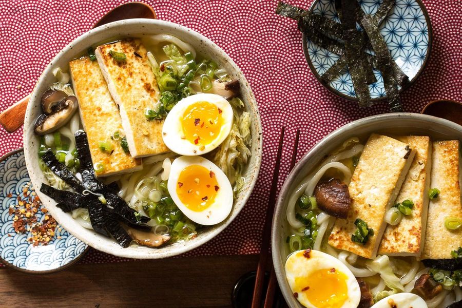 Udon noodle soup with tofu, dashi, and soft-cooked eggs