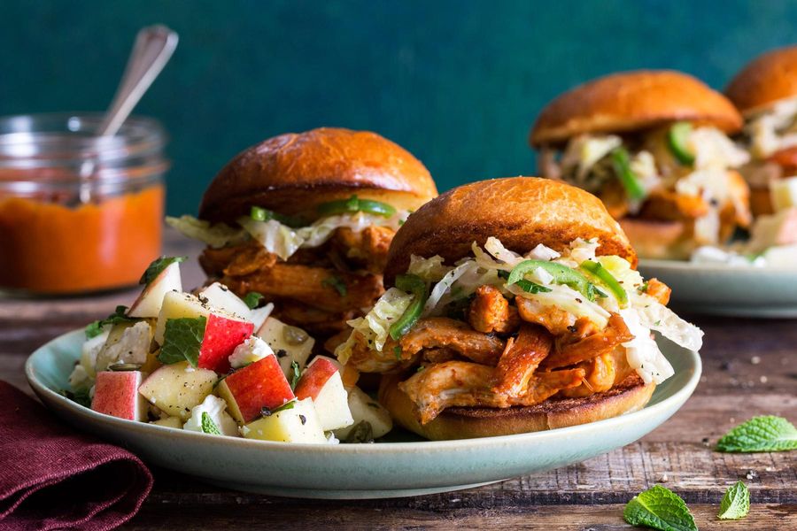 Barbacoa Chicken Sliders with Cabbage Slaw and Apple Feta Salad image