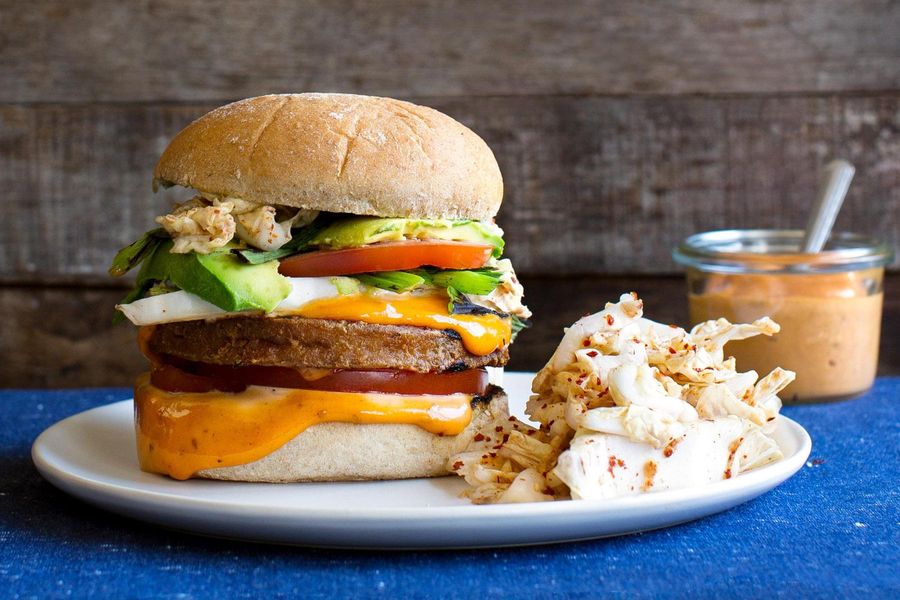 Korean-style tofu burgers with kimchi slaw