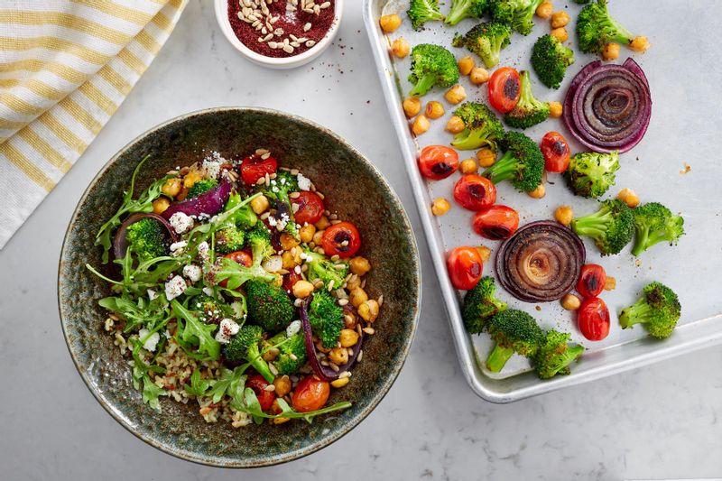 Roasted Vegetable Rice Bowl With Chickpeas and LemonTahini Dressing