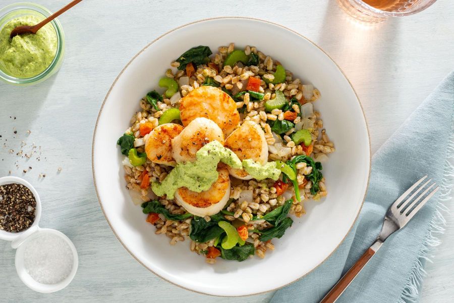 Farro bowls with spinach, apricots, and green goddess dressing