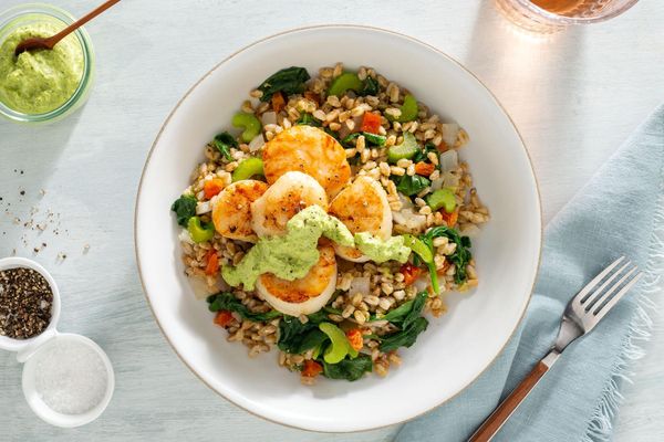 Salmon farro bowls with spinach and green goddess dressing