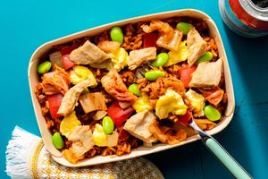 Kimchi fried rice with Daring plant-based chicken and edamame