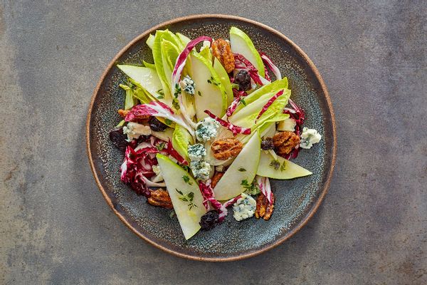 Endive Salad with Pear, Blue Cheese, & Candied Pecans