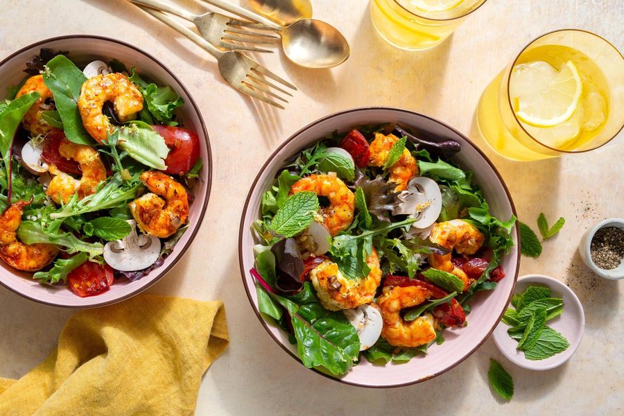 Larb salad with mushrooms, tomatoes, and fresh mint