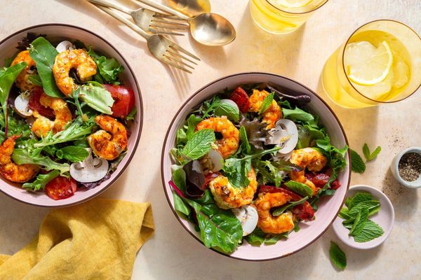 Turkey larb salad with mushrooms, tomatoes, and fresh mint
