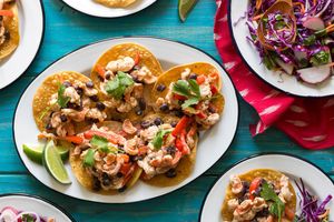 Cuban shrimp mojo tostadas with red cabbage slaw